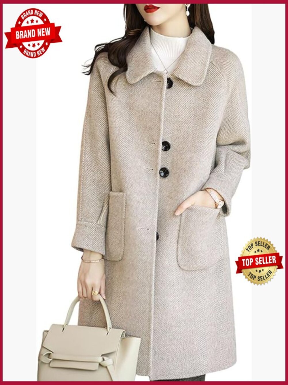 Classic Mid-Long Wool Peacoat with Pockets Women's Winter Coat